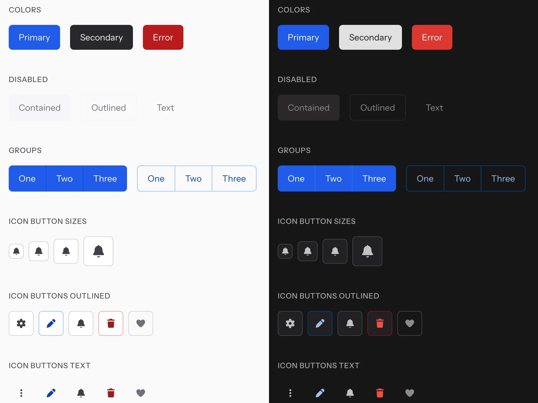 Button variants from the design system docs in light mode and dark mode, side by side